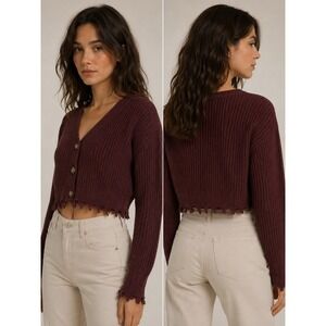 No‎ Comment NY-LA Cropped Distressed Cardigan Sweater Women's Mauve Boho Knit